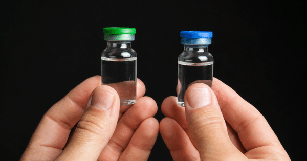 Two hands holding up two small glass vials side-by-side against a dark background; one vial has a green cap and the other has a blue cap, both containing clear liquid.