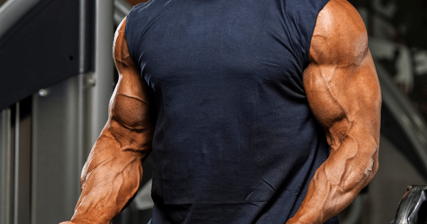 Midsection of a muscular man with vascular arms wearing a dark sleeveless top in a gym.