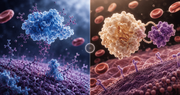 Microscopic rendering of two large molecular complexes interacting on a cellular surface with floating red blood cells.
