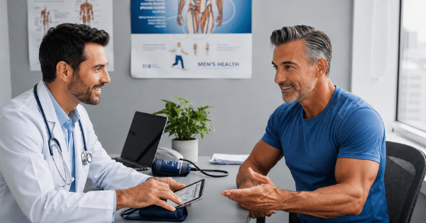 Doctor sitting at a desk and speaking with a athletic male patient in an office.