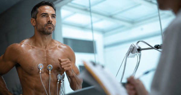 Shirtless male athlete running on a treadmill with ECG sensors attached to his chest.