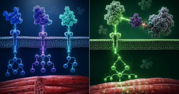 Infographic displaying cell membrane receptor signaling pathways overlaid above muscle fibers.