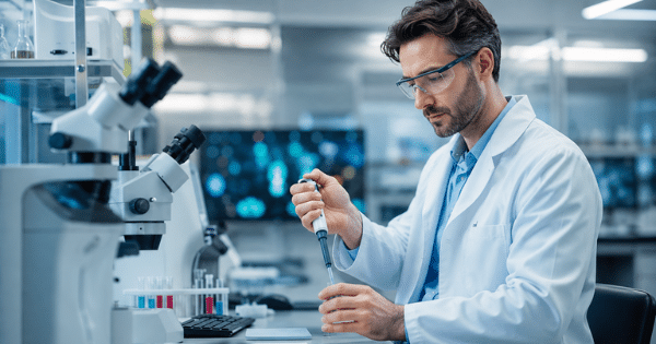 Scientist in a lab coat using a pipette to handle samples at a laboratory workstation.