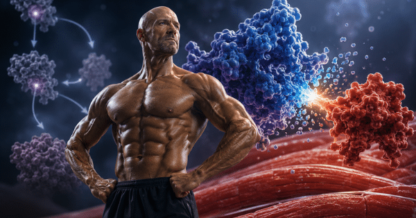 Muscular shirtless man posing against a background showing molecular diagrams and muscle tissue.