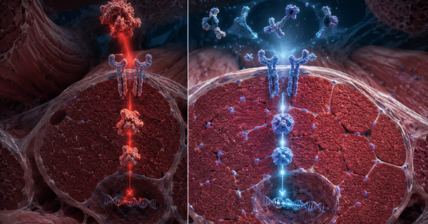 Dual-panel cross-section diagram showing intracellular signaling pathways blocking or stimulating cellular gene expression inside muscle tissue.