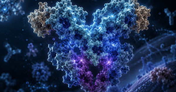 3D molecular rendering of a large blue antibody-like protein complex glowing against a dark blue background.