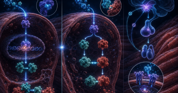 Three-panel infographic showing cellular uptake, DNA transcription, and receptor interactions within muscle fiber tissue.