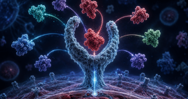 Molecular signaling diagram showing a central cell receptor binding ligands and triggering multiple cellular pathways.