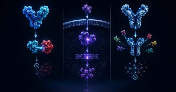 Three-panel diagram contrasting different targeted cellular signaling pathways and molecular interactions.