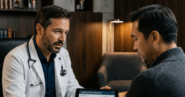 Doctor in a white coat showing digital lab results on a tablet to a patient in an office.