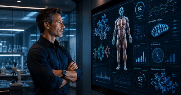 Man standing in front of a futuristic health monitoring screen displaying anatomical and biological data panels.