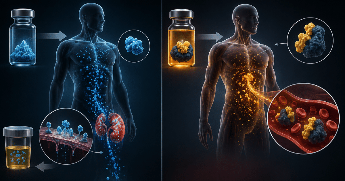 Medical infographic comparing two biological processes inside a human torso with vials, kidneys, and blood vessels.