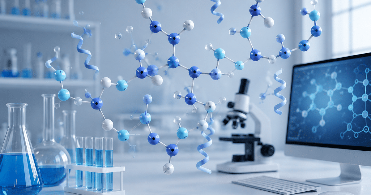 A modern science laboratory desk featuring test tubes with blue liquid, a microscope, a desktop monitor displaying molecular structures, and a floating 3D molecular model.