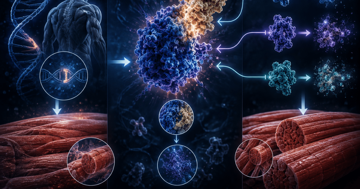 Detailed molecular infographic illustrating gene expression and protein interaction pathways connected to muscle tissue.