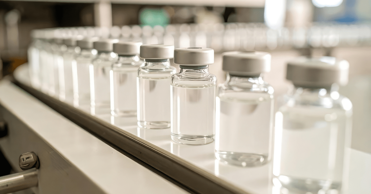 A line of small, clear glass liquid vials with silver caps moving along a conveyor belt in a bright manufacturing facility.
