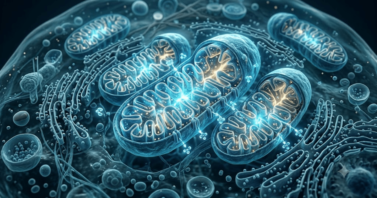 A detailed 3D digital illustration showing glowing blue mitochondria with glowing inner folds inside a complex cellular environment.