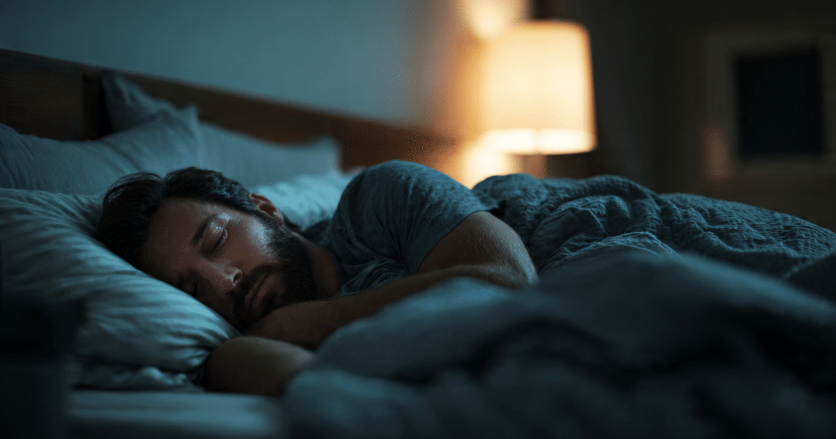 A man with a dark beard sleeping peacefully on his side under blue-toned bed covers, lit by a soft lamp in the background.