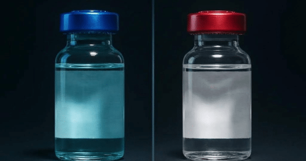 Side-by-side comparison of two liquid vials, one with a blue cap and blue liquid, and the other with a red cap and clear liquid.