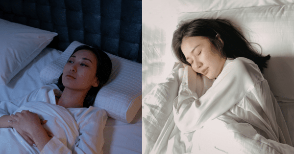 A split image: on the left, a woman lies awake in a dark room staring at the ceiling; on the right, the same woman sleeps peacefully in a sunlit bed.