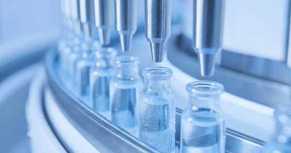 Automated pharmaceutical machinery nozzles filling clear glass vials along a conveyor belt.