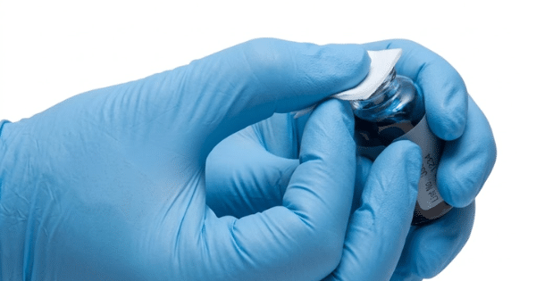 A gloved hand using an alcohol wipe or cotton pad to sanitize the top of a small glass medicine vial.