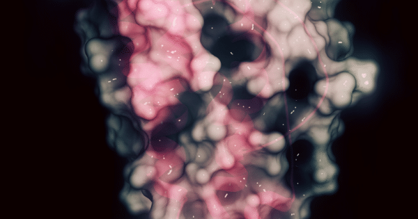 3D molecular structure with pink and white protein folds.