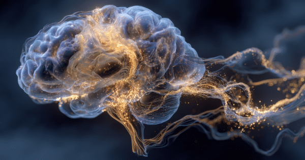 Illuminated visualization of a human brain with glowing neural pathways.