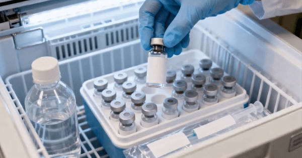 A gloved hand retrieving a small vial from an organized white tray inside a laboratory refrigerator.
