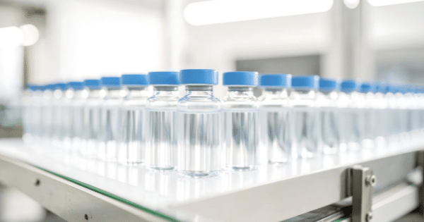 Multiple rows of clear glass vials with blue caps lined up along an automated production conveyor belt