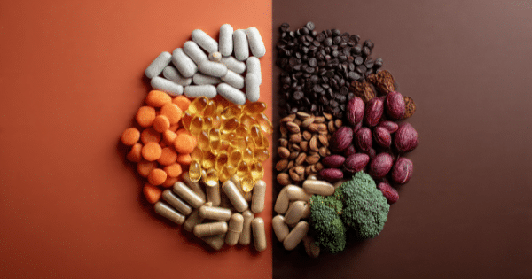 Split-background flat lay forming a brain shape out of supplements on orange background and whole foods, coffee beans, and broccoli on brown background.