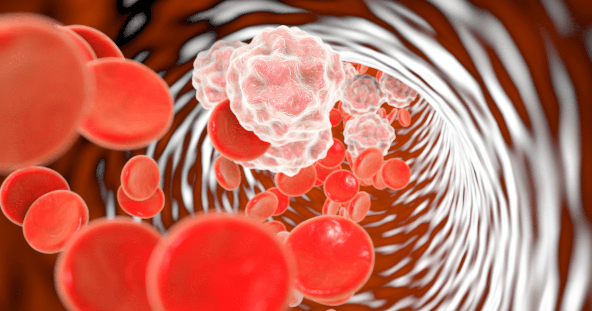 3D rendering of red blood cells and textured white blood cells flowing through a blood vessel.