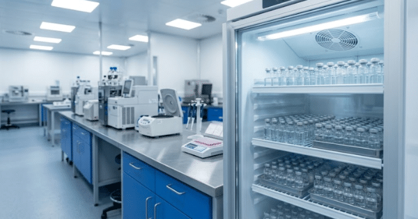 A laboratory setting featuring a medical refrigerator filled with organized vials alongside lab equipment on stainless steel countertops.