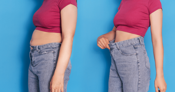 A side-by-side comparison showing a woman's midsection before and after weight loss, pulling outward on loose-fitting blue jeans in the right frame.
