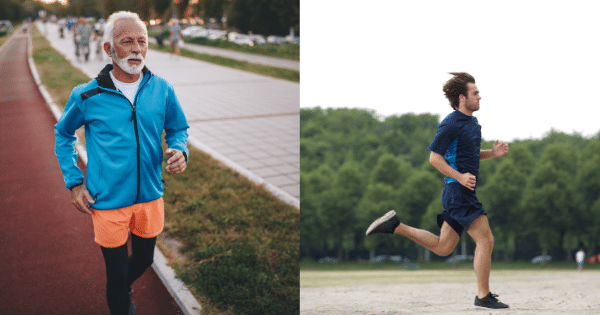 A split image showing an older man with a white beard jogging on a paved path wearing a blue jacket and orange shorts on the left, and a younger man in a dark blue shirt and shorts running in profile across a sandy area on the right.