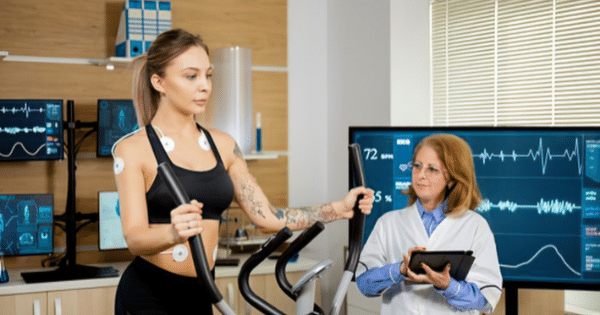 A woman in a black sports top using an elliptical machine while fitted with ECG monitoring sensors, as a female doctor in a white coat observes and records data on a tablet in a clinical setting.