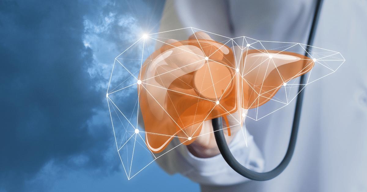 A digital visual showing a doctor's hand holding a stethoscope against a wireframe, illuminated model of a human liver set against a stormy, cloudy blue background.