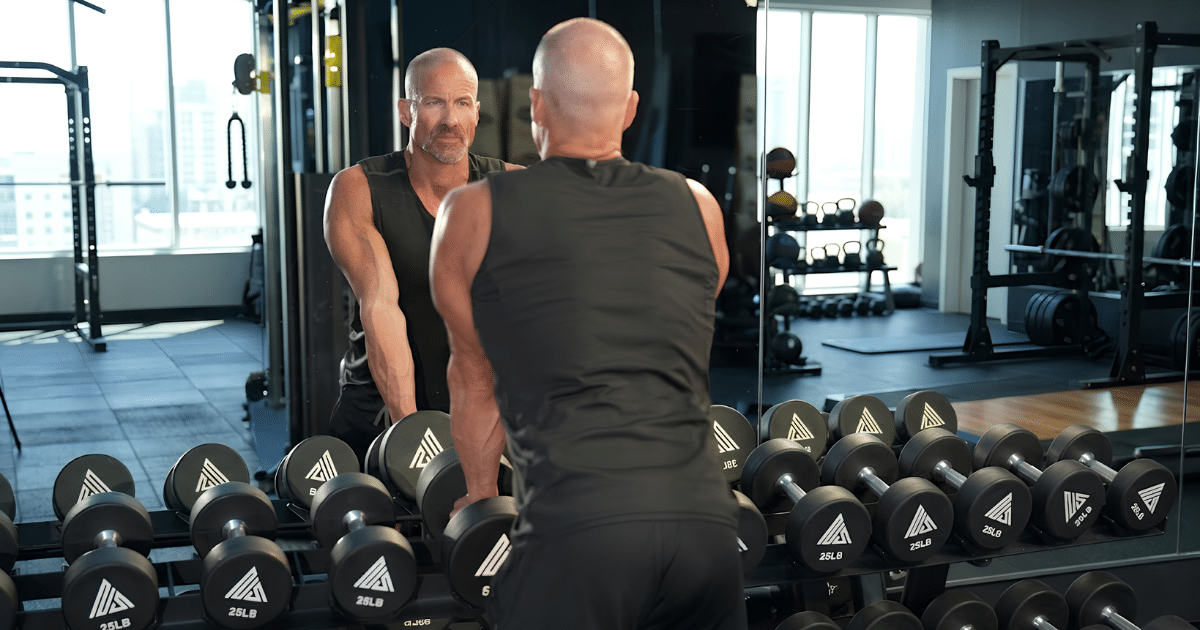 A man seen from behind working out with dumbbells in front of a gym mirror.