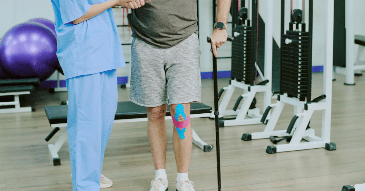 A physical therapist assisting a man with blue kinesiology tape on his knee as he walks using a black cane in a rehabilitation gym.