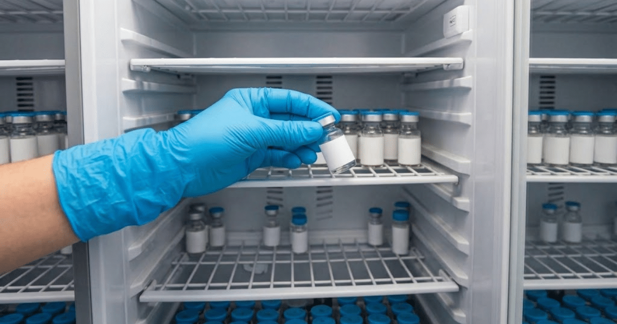 A person wearing a blue gloved hand reaching into an industrial laboratory refrigerator filled with small medicine vials.