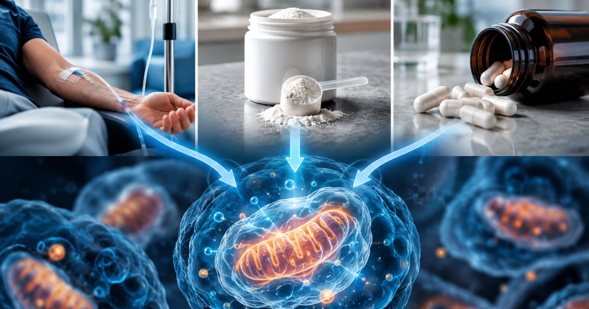composite image showing three methods of supplement delivery—an IV drip, a jar of powder with a scoop, and a bottle of capsule pills—with glowing blue arrows pointing down to a microscopic view of a cell and its glowing mitochondrion.