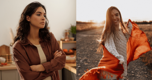 A split image showing a woman with crossed arms looking thoughtful indoors on the left, and the same woman smiling outdoors on a dirt path while holding a flowing orange scarf on the right.