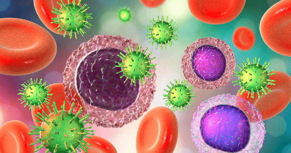 3D render showing green spiky virus particles interspersed among red blood cells and white blood cells.
