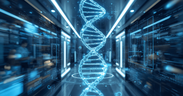 A glowing, futuristic blue double-helix DNA strand floating vertically in the center of a high-tech data server room or laboratory hallway.