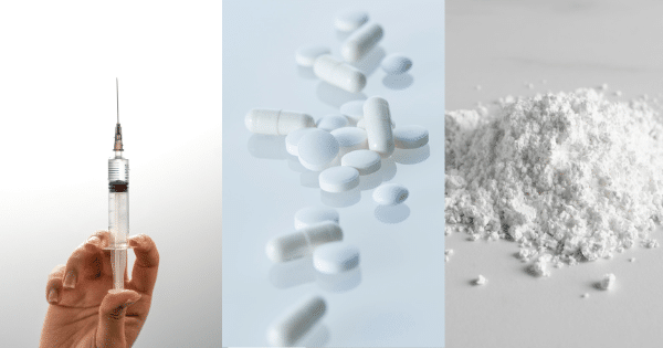 A three-panel split image displaying a hand holding a medical syringe on the left, white medication tablets and capsules scattered on a reflective surface in the middle, and a pile of white powder on the right.