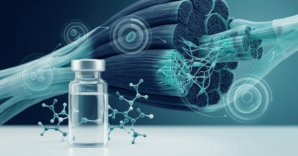 A medical illustration showing a cross-section of a muscle fiber bundle next to a clear glass vial and molecular structures.