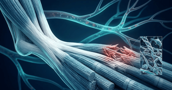 A 3D anatomical illustration showing torn tendon or muscle fibers, with an inset magnification of damaged cellular structures.