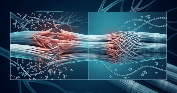 A side-by-side comparison diagram illustrating damaged muscle fibers on the left versus repairing woven fibers on the right.