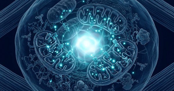 A 3D cross-section diagram of a cell displaying glowing mitochondria and cellular structures emitting light energy.