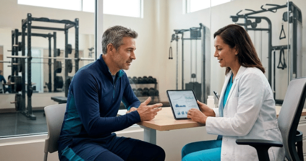 A male athlete consulting with a female healthcare professional reviewing health charts on a tablet in a fitness setting.