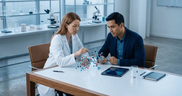 A female scientist and a male professional seated at a table examining a molecular structure model in a modern lab setting.